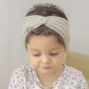 Baby Knitted Headband With Faux Pearl Rhinestone Flower Soft Warm Crochet Hair Band For Infant Toddler Girls Hair Accessories