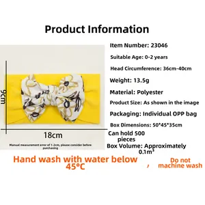 Infant yellow elastic headband with floral bow detail for ages 0-2 and size 36-40cm