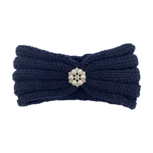 Dark blue knitted baby headband with six-pearl and rhinestone flower center ornament