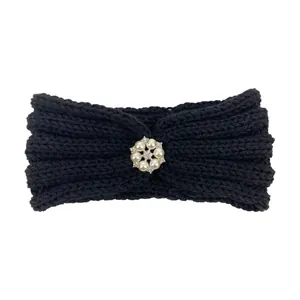 Classic black knitted headband for kids with elegant faux pearl floral ornament