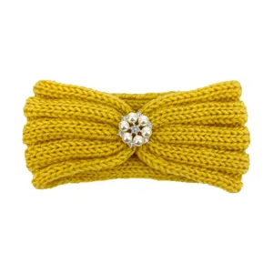 Knitted ginger yellow baby headband with decorative six-pearl flower and rhinestone center