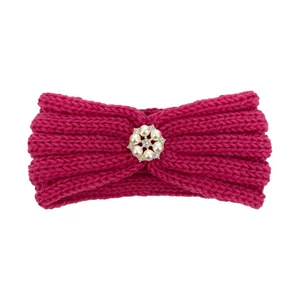 Knitted rose red baby headband with decorative faux pearl and rhinestone floral cluster