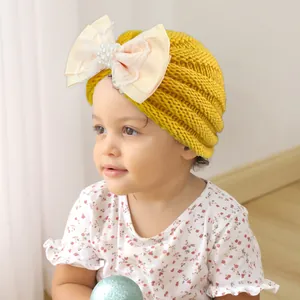 Baby Girls Knit Turban Hat Large Bow With Artificial Pearls Lace Warm Winter Beanie Infant Toddler Pullover Hat Photography Props