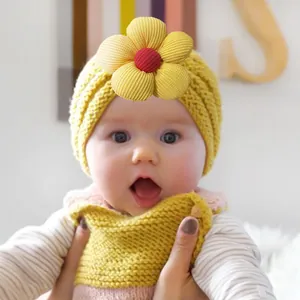 Cappello Turbante in Maglia per Neonati Con Grande Fiore 3D Morbido Berretto in Poliestere per Neonati Autunno Inverno Caldo Copricapo