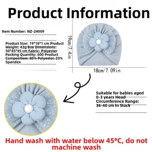 Size chart for baby beanie with mesh flower, made of 80% polyester and 20% spandex