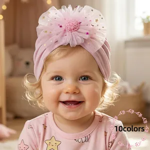 Baby Girls Turban Hat With Large Mesh Flower Star Moon Sequins Soft Polyester Elastic Infant Beanie Hat Photography Props