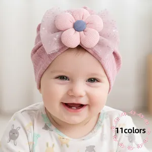 Baby Turban Hat With 3D Flower And Mesh Bow Soft Polyester Spandex Toddler Beanie Photography Props Newborn Infant Headwrap