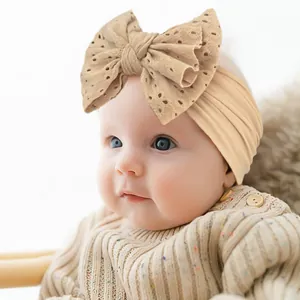 Bandeau Élastique en Nylon pour Bébé Fille Nœud en Dentelle à Œillets Souple Serre-Tête Couleur Unie Accessoire Photo Nourrisson
