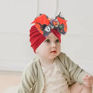 Halloween Baby Turban Hat Velvet Spooky Headwrap With Giant Bow Bat Wings Pumpkin Decor Infant Toddler Holiday Photo Props