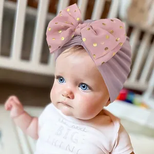 Baby Girls Turban Hat Large Gold Polka Dot Bow Knot Beanie Soft Elastic Headwrap Toddler Infant Headwear Accessories