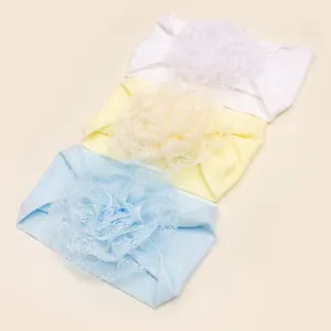 Set van 3 baby nylon hoofdbanden met grote kanten bloemen in wit, geel en lichtblauw