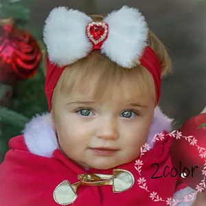 Bandeau Bébé Noël Rouge Élastique Nylon Nœud Avec Pompon en Fausse Fourrure Blanche Cœur Strass Maille Paillettes Accessoire de Cheveux pour Nourrissons Tout-Petits