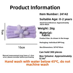 Detailed size specifications of the purple knitted baby headband with fabric flower accent
