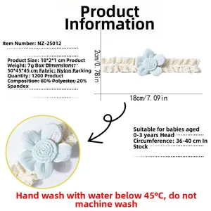 Detailed size chart for baby flower lace headband with nylon fabric and wash instructions
