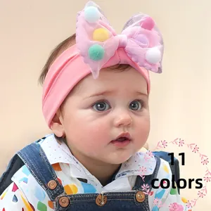 Weiches Nylon Baby Stirnband Mit Netzschleife Bunten Pompons Elastischer Kleinkind Turban Für Neugeborene Mädchen Haarschmuck