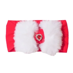 Bandeau de Noël pour bébé en nylon avec gros nœud en peluche blanc et bijou de cœur rouge