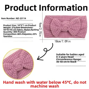 Pink waffle texture baby headband details with sizing 18x9cm and material specifications