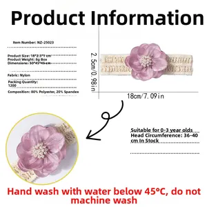 Maattabel voor babybloemen-haarband met nylon materiaalspecificaties en wasinstructies