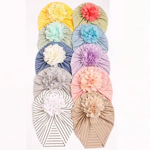Striped baby turban hats set with gold foil floral knot decoration for infant girls