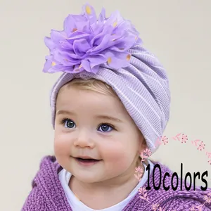 Baby Turban Hat Striped Knitted Soft Bonnet With Large Bronzing Chiffon Flower For Infant Toddler Girls Hair Accessories