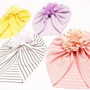 Striped baby turban hat with golden sequin flower in multiple colors for infants