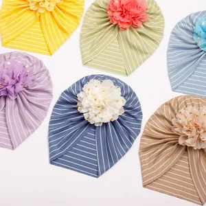 Striped baby turban hats with gold foil flower accents in six pastel colors