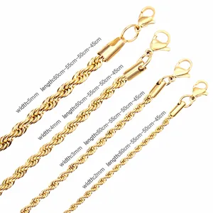 Vue détaillée de chaînes torsadées dorées de 2mm à 5mm avec fermoirs mousquetons
