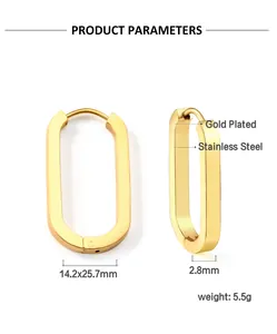 Detail view of gold-plated rectangular hoop earrings with dimensions and weight specs