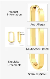 Detailed view of gold plated oval hoop earrings showing dimensions and stainless steel texture