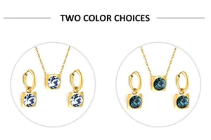 Detalle de un conjunto de joyas geométricas con colgantes de cristal azul facetado