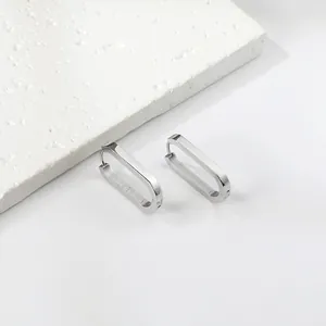 Minimalist silver oval geometric earrings in polished stainless steel with brushed finish