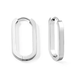 Polished silver stainless steel oval hoop earrings with a minimalist geometric design