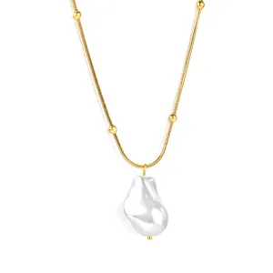 Stainless Steel Artificial Baroque Pearl Pendant Necklace Gold Silver Plated Snake Chain Metal Beads Minimalist Jewelry For Women