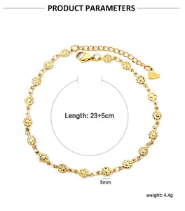 Detail of gold flower anklet with adjustable extension chain and heart charm
