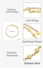 Detail view of gold flower anklet showing 23+5cm length and anti-allergy steel material