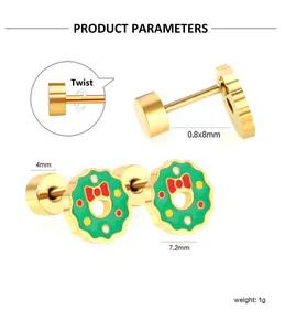 Technical drawing showing Christmas wreath stud earring dimensions and twist screw back detail