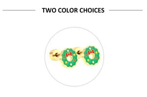 Detail of Christmas wreath stud earrings with red bow and secure screw flat back closure
