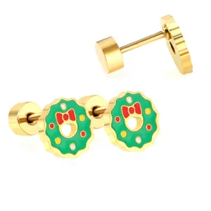 Christmas wreath stud earrings with red bow and green enamel in polished gold finish