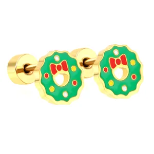 Christmas wreath stud earrings with colorful enamel and secure screw back closure