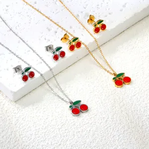 Stainless Steel Fruit Jewelry Set For Women Red Enamel Cherry Strawberry Watermelon Pendant Necklace Stud Earrings Gold Silver Plated Jewelry Gift