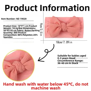 Detailed view of pink bow headband with waffle texture and size specifications for babies