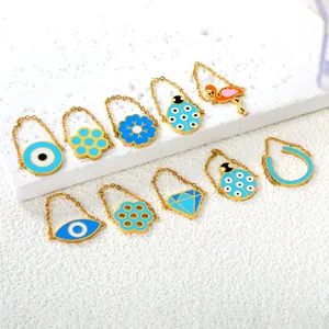 Fashion Stainless Steel Soft Chain Ring Enamel Blue Evil Eye Floral Flamingo Ladybug Horseshoe Adjustable Ring For Women Jewelry