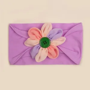 Fascia elastica in nylon per neonati con fiore viola e bottone verde