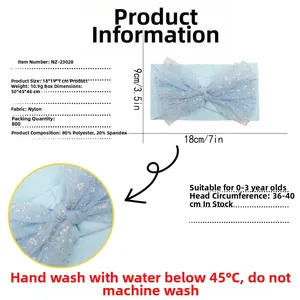 Detailed spec sheet for light blue baby headband with silver glitter mesh bow and size guide