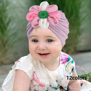 Bonnet Turban pour Bébé Fille en Tricot Nervuré Bandeau Élastique Doux Avec Fleur en Tissu Faite à la Main pour Nouveau-né