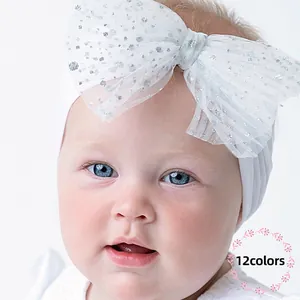 Baby Girls Large Mesh Sequin Bow Headband Elastic Soft Nylon Tulle Hair Band For Infants Toddlers Kids Hair Accessories