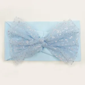 Light blue baby nylon headband featuring a large double-layer mesh bow with silver sequins