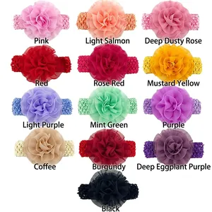 Détail montrant dix couleurs de bandeaux à fleurs en mousseline pour bébés et tout-petits