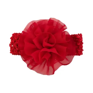 Bandeau bébé avec fleur en mousseline rouge et dentelle élastique crochetée douce