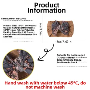 Baby jacquard floral bow headband size specifications and soft material detail chart